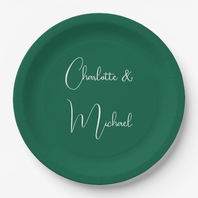 Assiettes En Carton Calligraphie Élégant Vert Plaine Simple Noms (Devant)