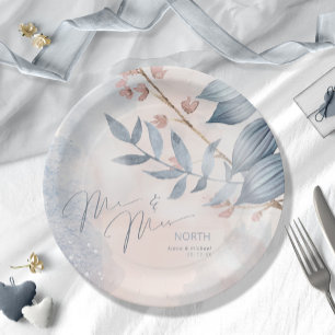 Assiettes En Carton Calligraphie Floral M. et Mme Dusty Blue ID771