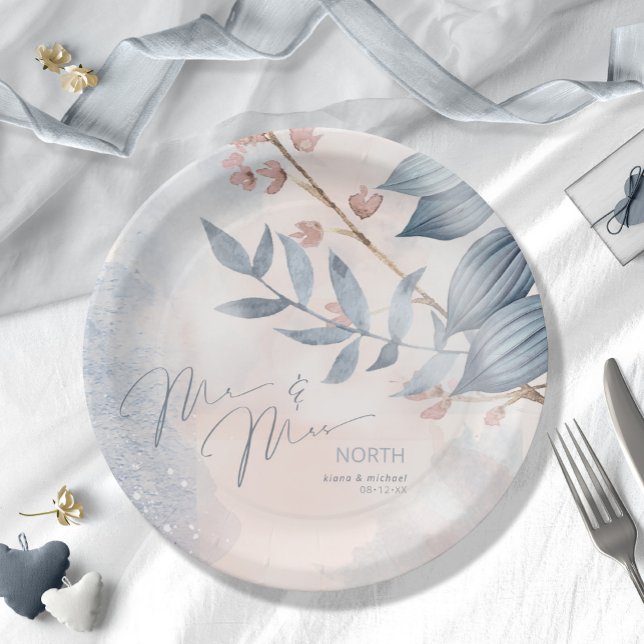 Assiettes En Carton Calligraphie Floral M. et Mme Dusty Blue ID771 (Créateur téléchargé)