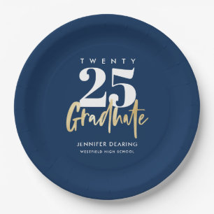 Assiettes En Carton Calligraphie Or moderne Bleu Graduation