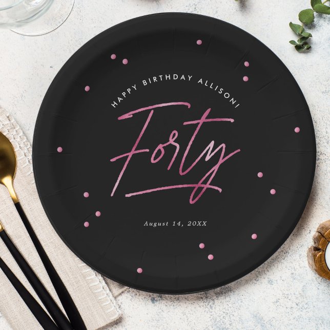 Assiettes En Carton Calligraphie rose noir moderne 40e anniversaire (Créateur téléchargé)