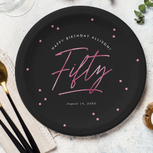 Assiettes En Carton Calligraphie rose noir moderne 50e anniversaire