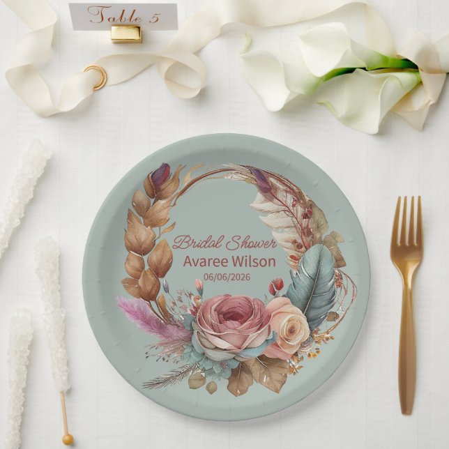 Assiettes En Carton Calme Sage Vert Crème rose Turquoise Douche (Mariage)