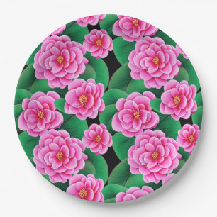 Assiettes En Carton Camellias rose Fuchsia et Feuilles verts Jade
