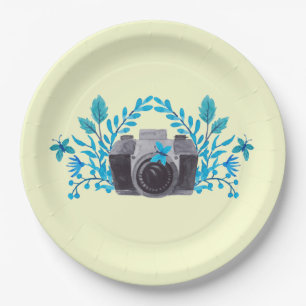 Assiettes En Carton Caméra Avec Feuilles Bleus Azur Et Papillons