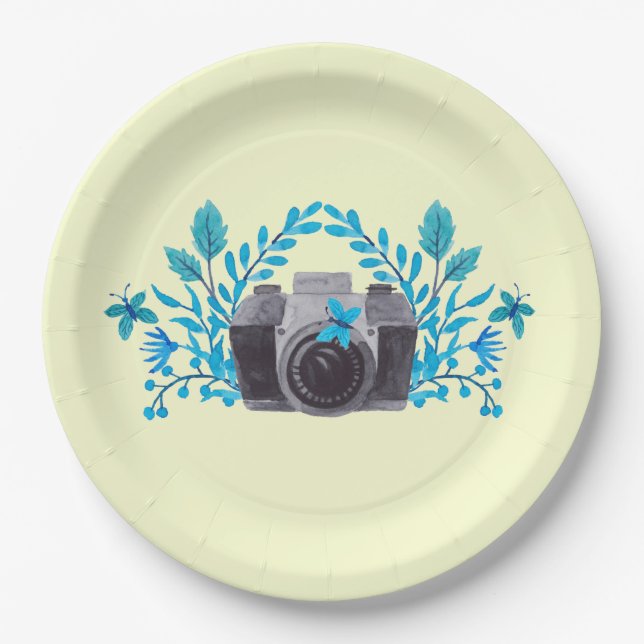 Assiettes En Carton Caméra Avec Feuilles Bleus Azur Et Papillons (Devant)