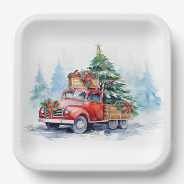 Assiettes En Carton Camion de Noël rouge rétro (Recto)