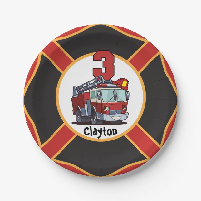 Assiettes En Carton Camion d'incendie pour le 3e anniversaire (Devant)