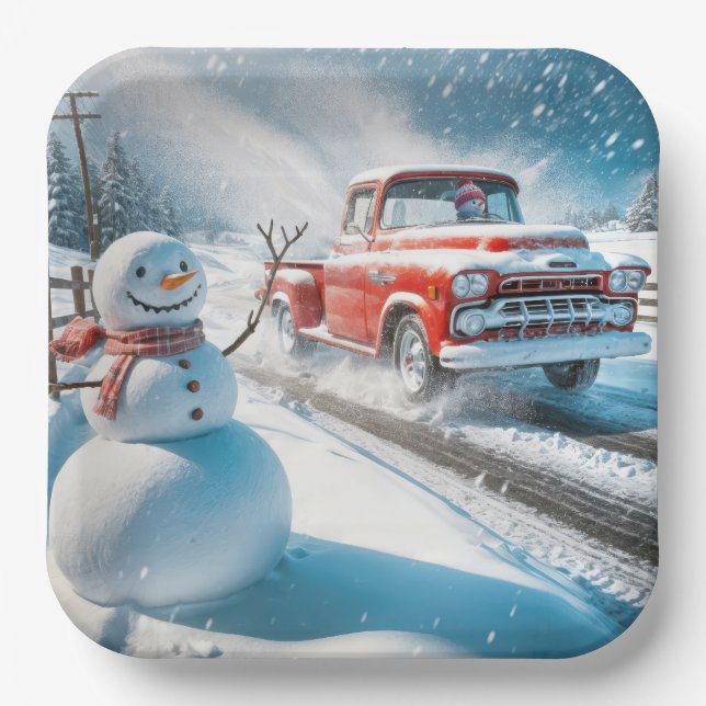 Assiettes En Carton Camion Red Retro de Noël avec Snowman (Recto)