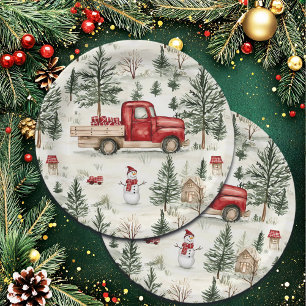 Assiettes En Carton Camion rouge avec cadeaux et bonhomme de neige