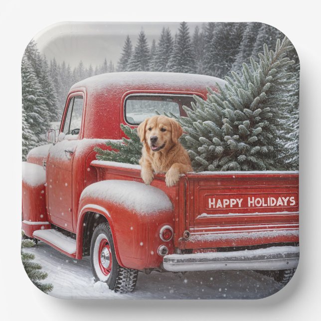 Assiettes En Carton Camion Rouge de Noël avec Golden Retriever (Recto)