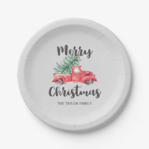Assiettes En Carton Camion rouge et fête de Noël d'arbre joyeuse