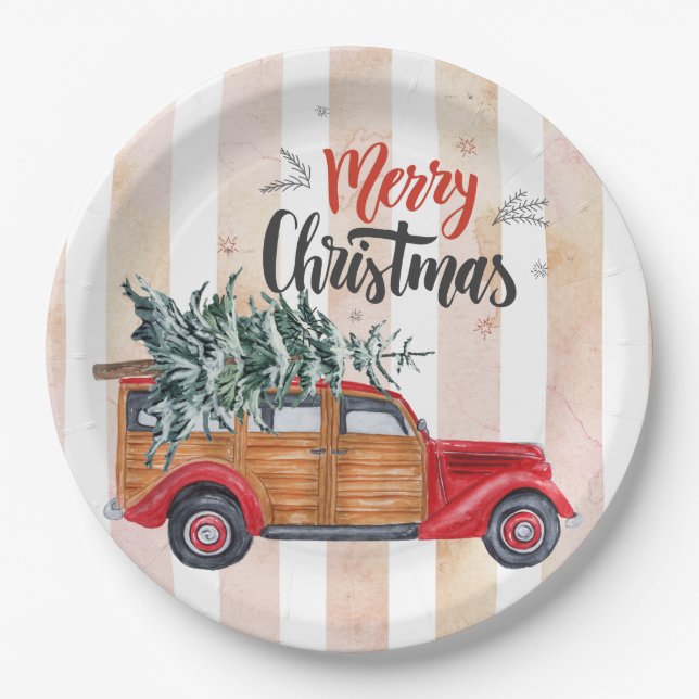 Assiettes En Carton Camion Vintage panneau rouge Noël (Devant)