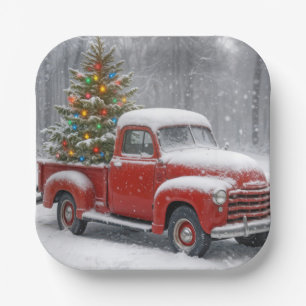 Assiettes En Carton Camionnette Rétro Rouge Avec Sapin de Noël