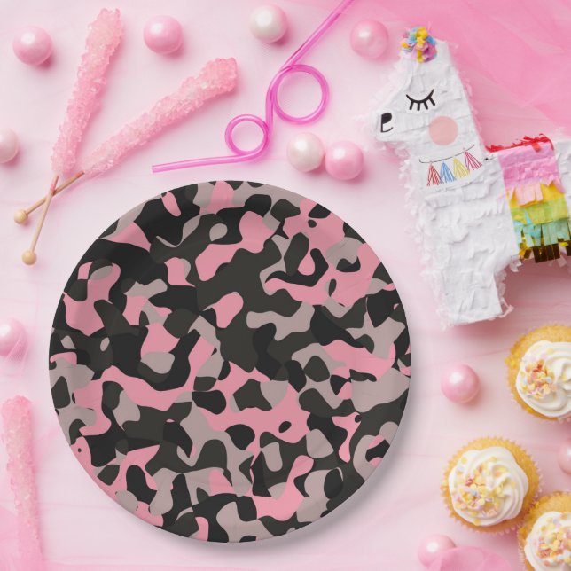Assiettes En Carton Camo rose (Fête)
