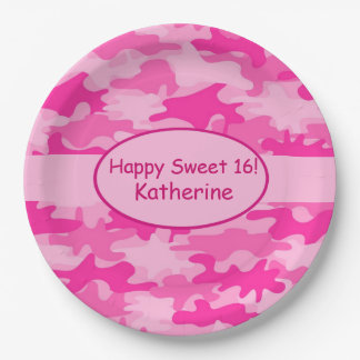 Assiettes En Carton Camo rose Nom sucré personnalisé 16 Anniversaire