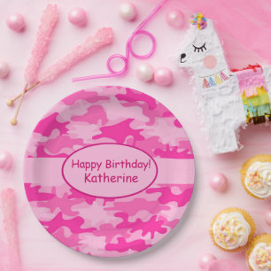Assiettes En Carton Camouflage rose Joyeux Anniversaire Nom Personnali