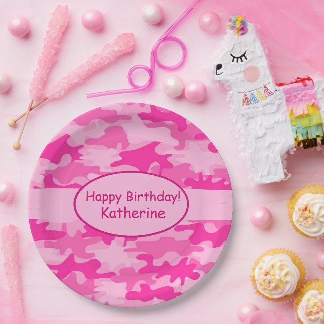 Assiettes En Carton Camouflage rose Joyeux Anniversaire Nom Personnali (Fête)