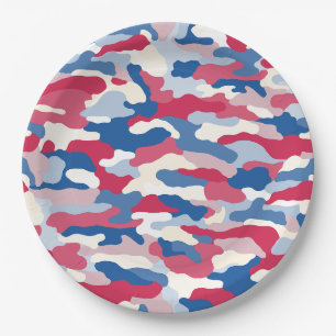 Assiettes En Carton Camouflage rouge blanc et bleu