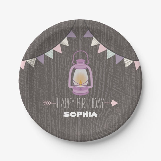 Assiettes En Carton Camping à lanterne violet Anniversaire (Devant)