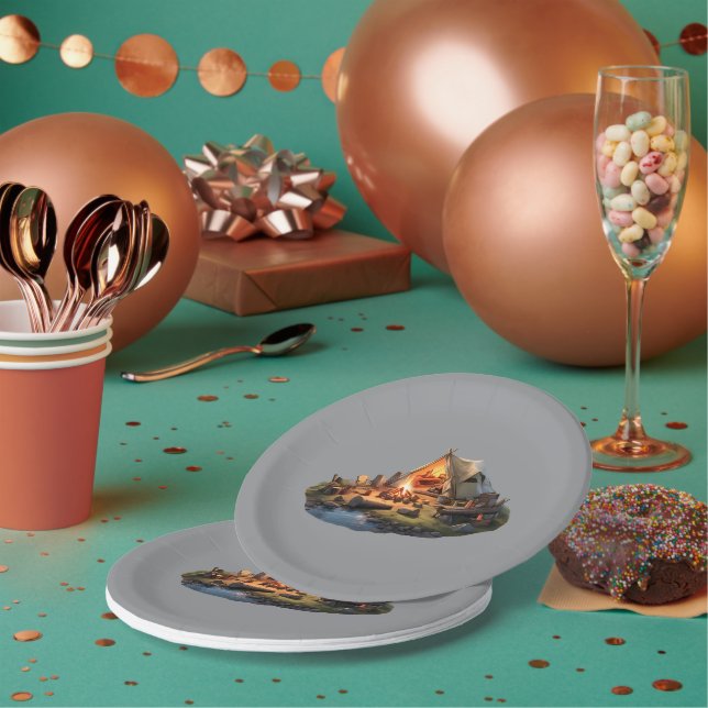 Assiettes En Carton Camping Avec Des Amoureux (Multi)