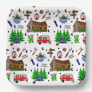 Assiettes En Carton Camping ou Midwest à thème Happy Camper Anniversai