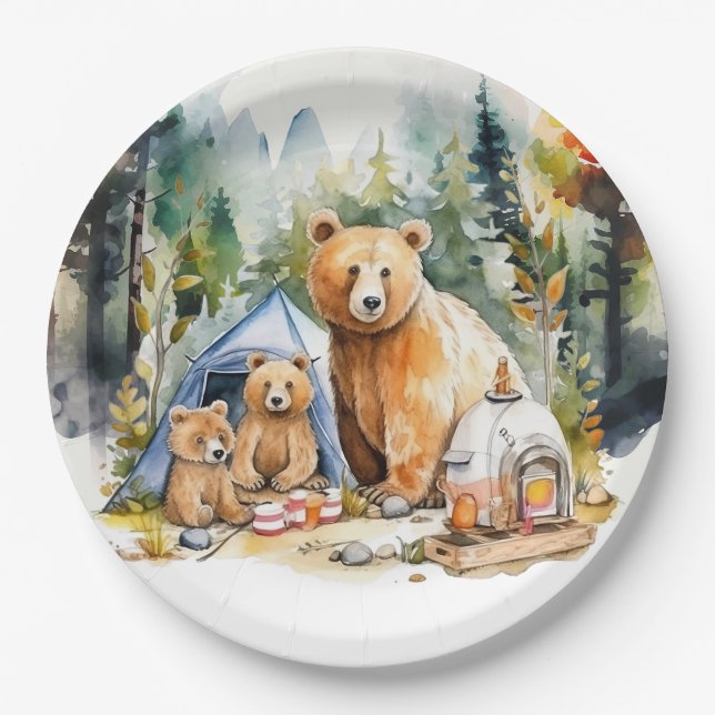 Assiettes En Carton Camping Party Barbecue avec famille ours (Devant)