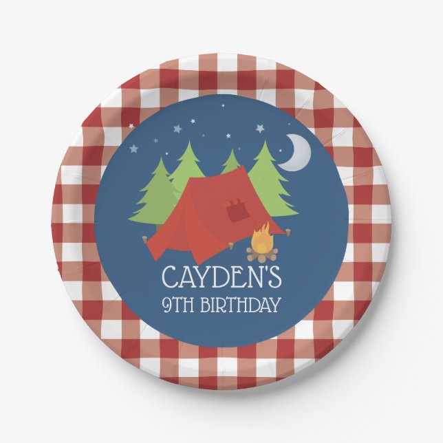 Assiettes En Carton Camping Plaques de fête d'anniversaire rouge plaid (Devant)