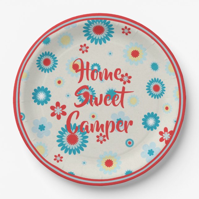 Assiettes En Carton Camping rouge et Turquoise rétro (Devant)