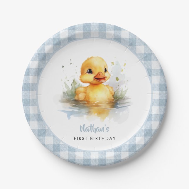 Assiettes En Carton Canard bleu En vichy plaque papier d'anniversaire (Devant)