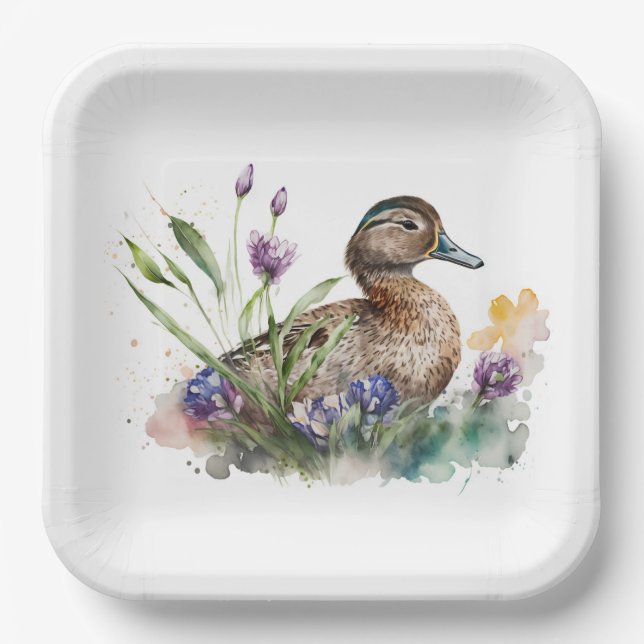 Assiettes En Carton Canard D'Aquarelle En Fleurs (Recto)