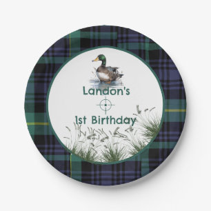 Assiettes En Carton Canard Thème 1er Anniversaire Chasseur vert plaid 