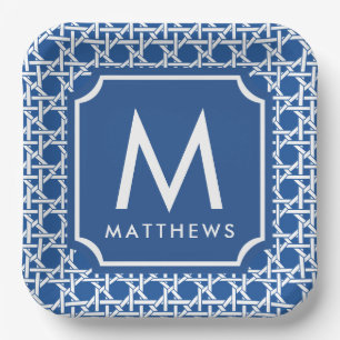 Assiettes En Carton Canne bleue et blanche   Rattan   Monogramme