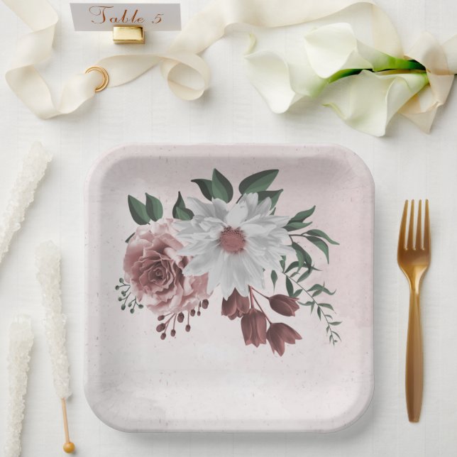 Assiettes En Carton cannelle rose rose blanc fleuri mariage (Mariage)