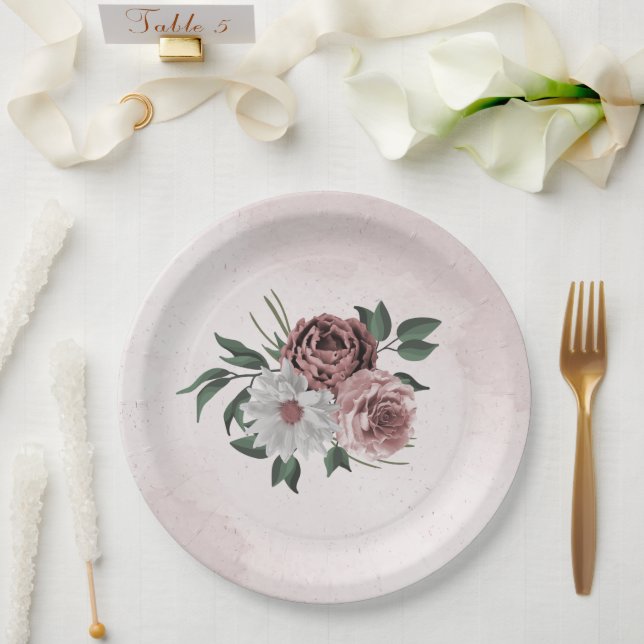 Assiettes En Carton cannelle rose rose blanc fleuri mariage (Mariage)