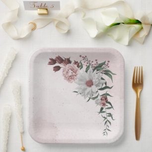 Assiettes En Carton cannelle rose rose blanc fleuri mariage