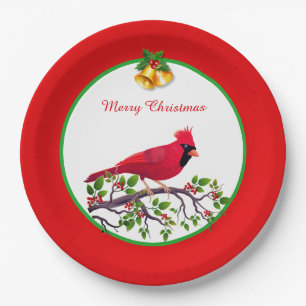 Assiettes En Carton Cardinal rouge perché sur une branche d'arbre