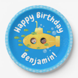 Assiettes En Carton Caricature de poisson sous-marin jaune mignon
