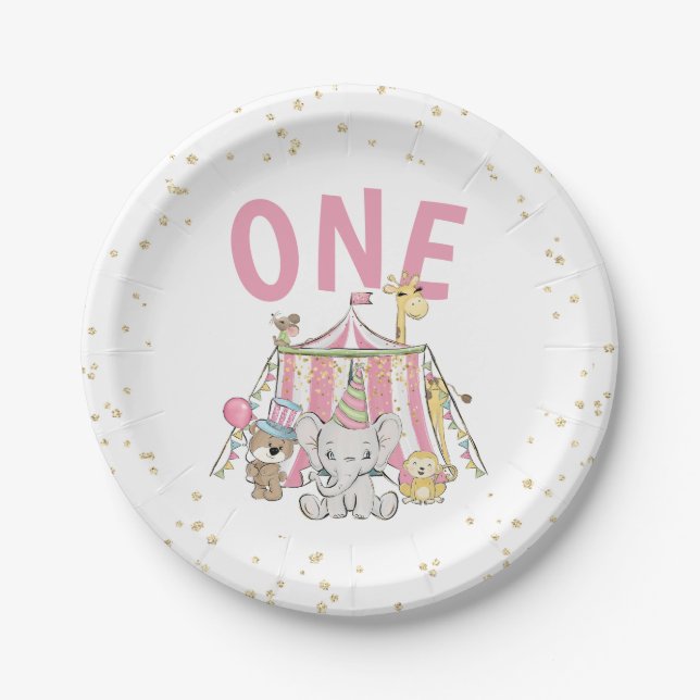 Assiettes En Carton Carnaval rose Circus 1er anniversaire de l'enfant (Devant)