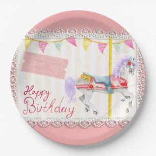 Assiettes En Carton Carousel Horse (Rose) Plaque Papier d'anniversaire