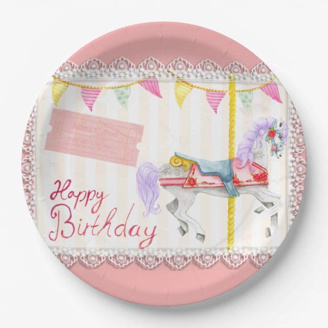 Assiettes En Carton Carousel Horse (Rose) Plaque Papier d'anniversaire (Devant)