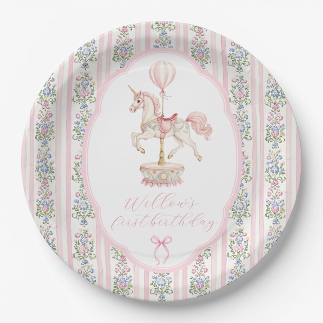 Assiettes En Carton Carousel Pink First Birthday (Devant)