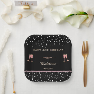 Assiettes En Carton Carré Black & Rose Gold Champagne 40e Anniversaire