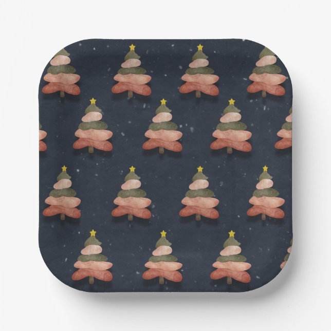 Assiettes En Carton Carré Minuit Bleu Arbre de Noël Motif Petit (Recto)
