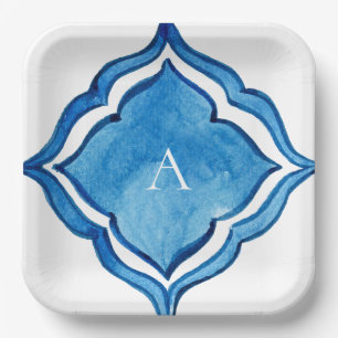 Assiettes En Carton Carreau Monogramme Bleu Cobalt Méditerranéen