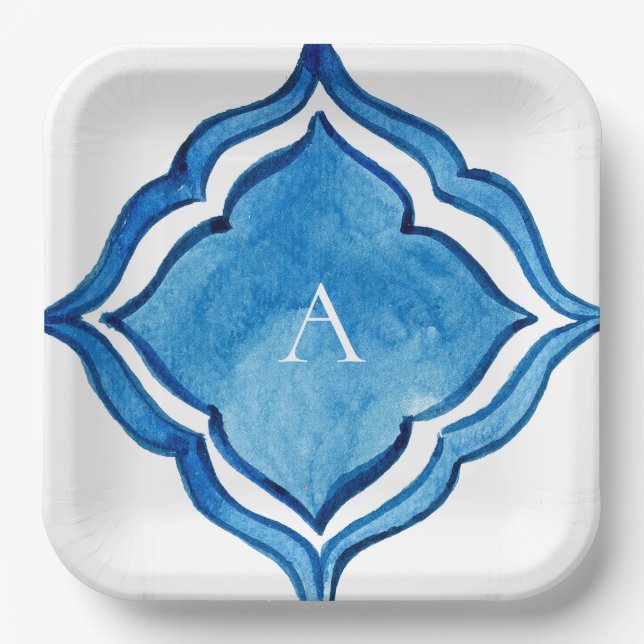 Assiettes En Carton Carreau Monogramme Bleu Cobalt Méditerranéen (Recto)