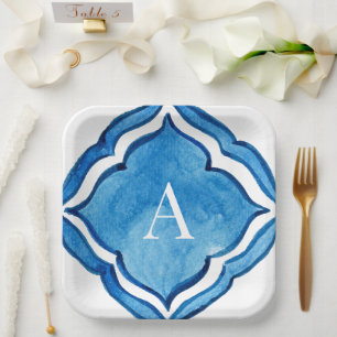 Assiettes En Carton Carreau Monogramme II Bleu Cobalt Méditerranéen