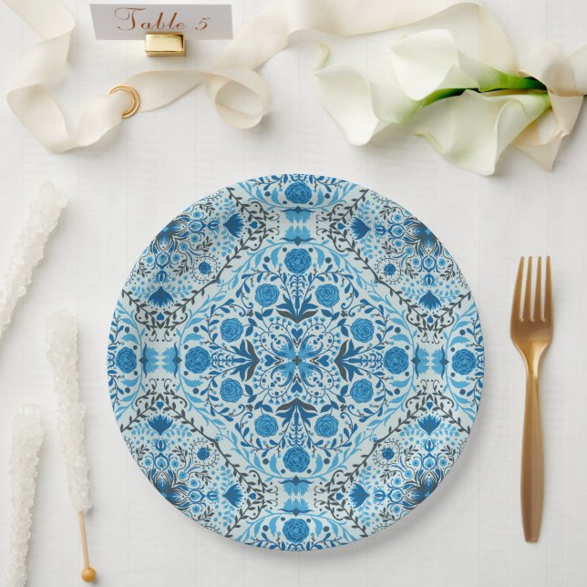 Assiettes En Carton Carreaux à fleurs bleus (Mariage)