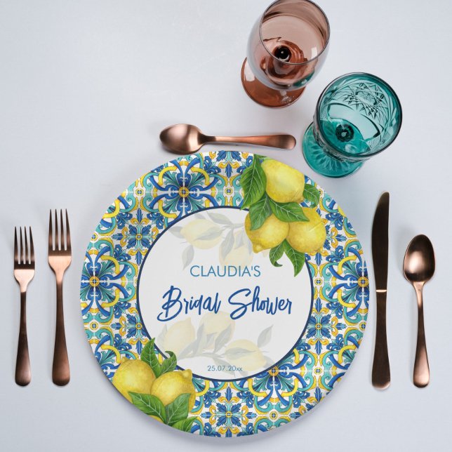 Assiettes En Carton Carreaux bleus citron Amalfi Positano douche nupti (Créateur téléchargé)