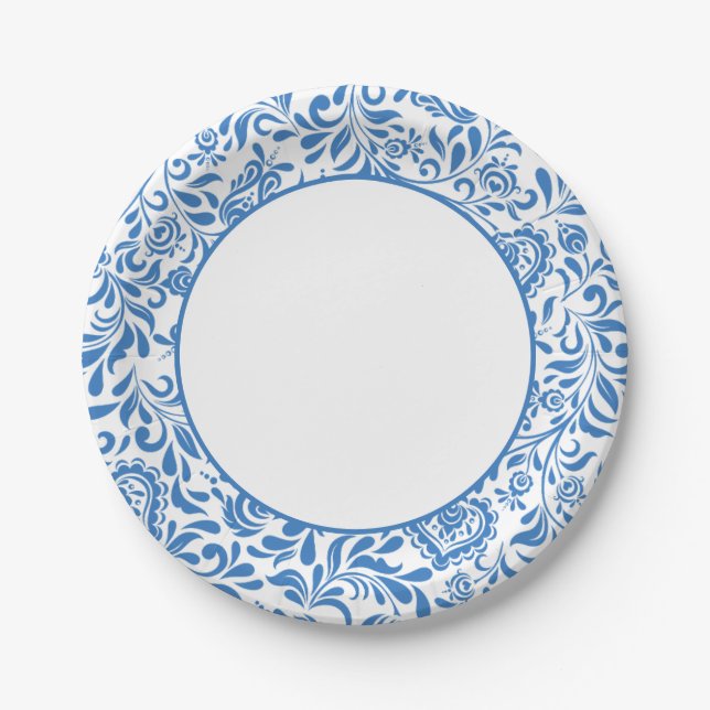 Assiettes En Carton Carreaux bleus Parti méditerranéen grec (Devant)